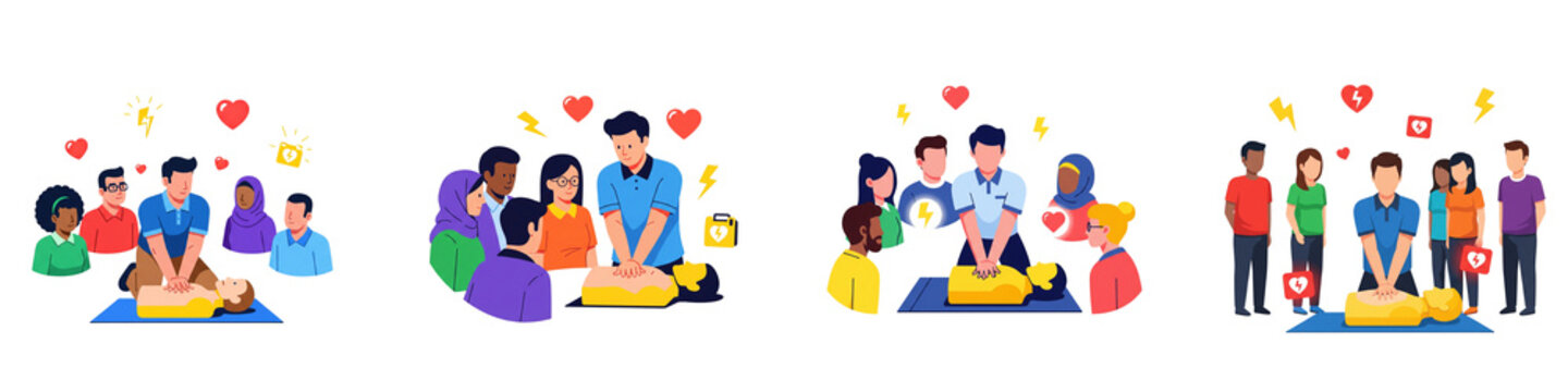 CPR and First Aid Training Vector Illustrations Set on Transparent Background