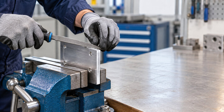 Technician deburring aluminum plate edge with hand file