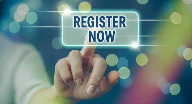 Register now button touched by a female finger on a digital virtual screen with glowing light bokeh background