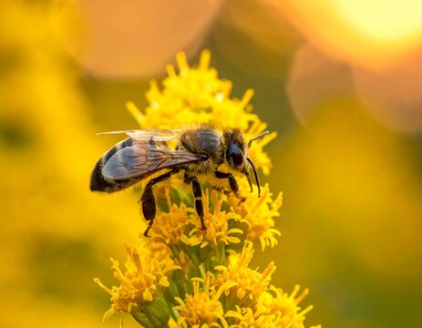 Bumblebee collecting nectar from yellow flowers outdoors.