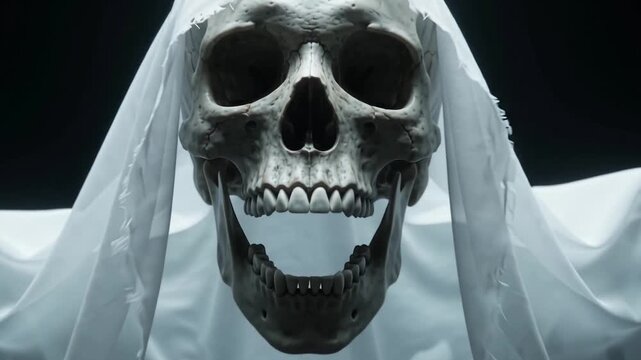 Close-up of a screaming human skull wearing a white veil or shroud against a dark background, concept of death, halloween, or horror.
