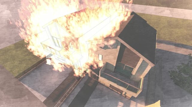 戸建住宅で発生した火災と燃え上がる炎｜3DCGアニメーション