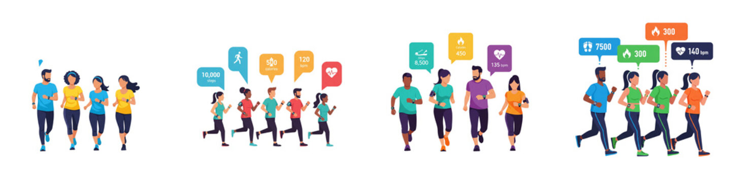 Diverse group of people running with fitness tracking data bubbles on transparent background