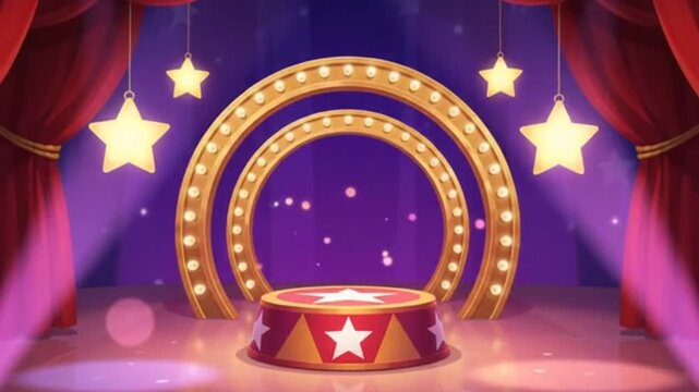 Empty Circus Stage with Red Curtains and Golden Arch Lights
