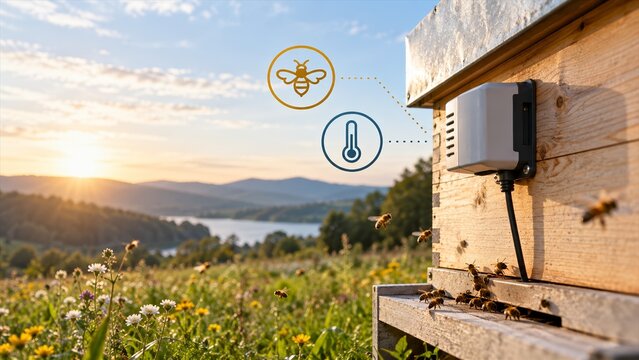 Smart beehive monitoring system with temperature sensor technology in rural landscape at sunset for modern sustainable beekeeping management