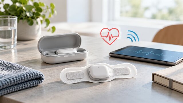 Wearable heart rate monitor patch device syncing with smartphone app for personal health and medical biofeedback tracking