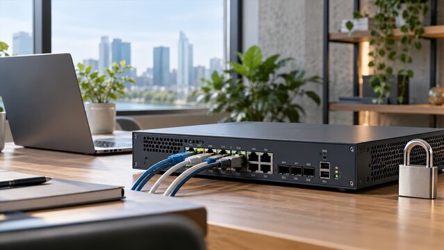 Network hardware security appliance with ethernet cables on office desk for data connectivity and information protection