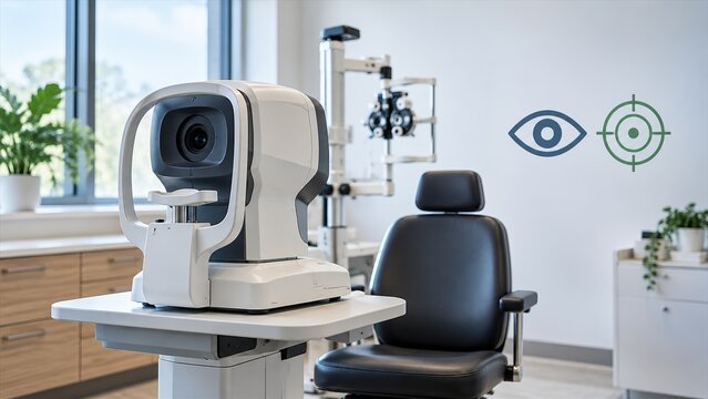 Professional optometry clinic equipment featuring modern eye examination diagnostic tools and optical testing chairs