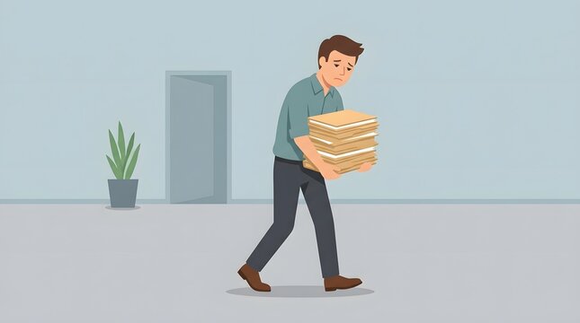 Overburdened Employee: A tired businessman trudges through an office hallway, weighed down by a precarious stack of documents, symbolizing workload and stress.