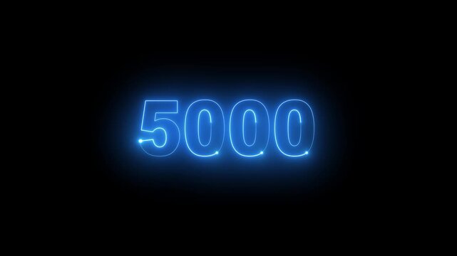 Animated glowing blue neon light 5000 number isolated on dark background