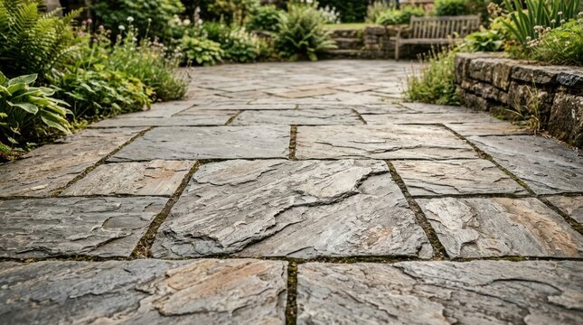 Natural stone flagstone patio pathway leading into a lush green garden with wooden bench