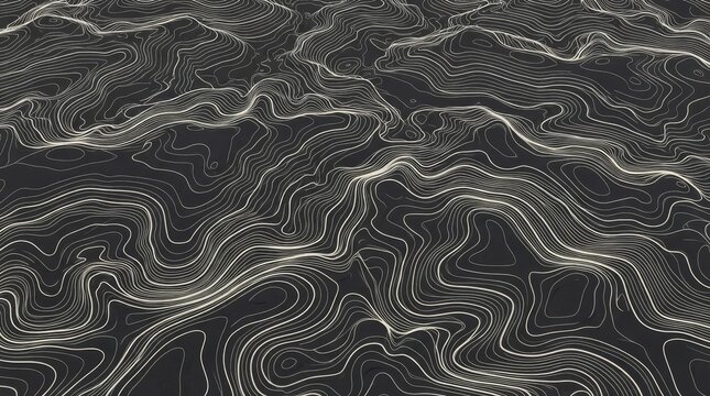 Dark minimalist background with an intricate flowing wave pattern of light contour lines