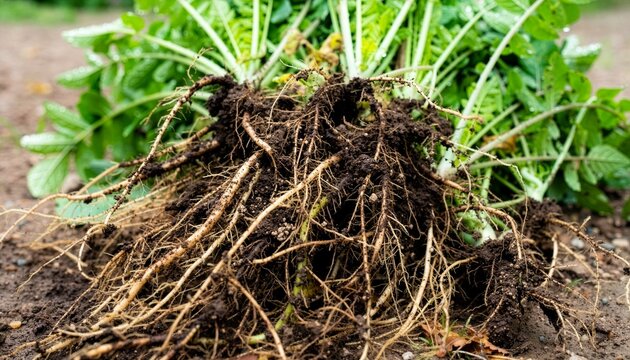Extreme close-up of a pile of uprooted garden weeds with long tangled roots still covered in dark soil.
