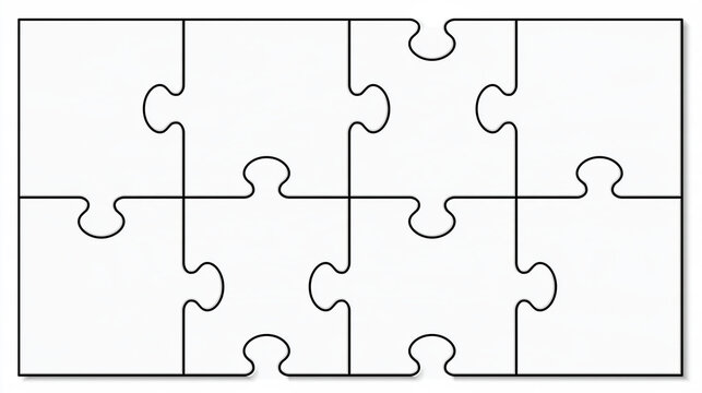 Concept Phrase: Puzzle Pieces Arrangement: A grid of interlocking puzzle pieces sits on a white background, symbolizing problem-solving, connection, and fragmented ideas.
