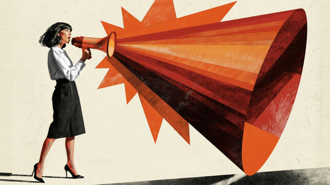 Amplifying Voice: A woman speaks through a large megaphone, symbolizing communication and advocacy with vibrant orange and red tones.
