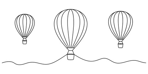 Three hot air balloons flying in the sky drawn in a simple continuous black line art style illustration for travel concepts and adventure themed graphic design projects for your website © JITENDRA