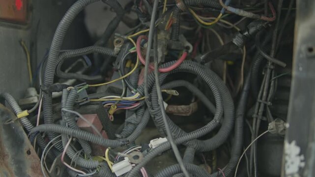 Close-up shots of a tangled vehicle wiring harness inside an engine bay showing corrugated conduits, relays, electrical connectors and taped splices.