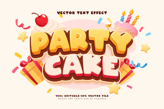 Editable vector text effect with a colorful birthday cake and party celebration concept, suitable for birthday invitations, greeting cards, posters, and promotional designs.