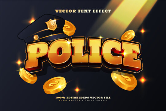 Editable vector text effect with a bold police and law enforcement concept, featuring a police cap and gold coins, suitable for security branding, badges, and promotional designs.