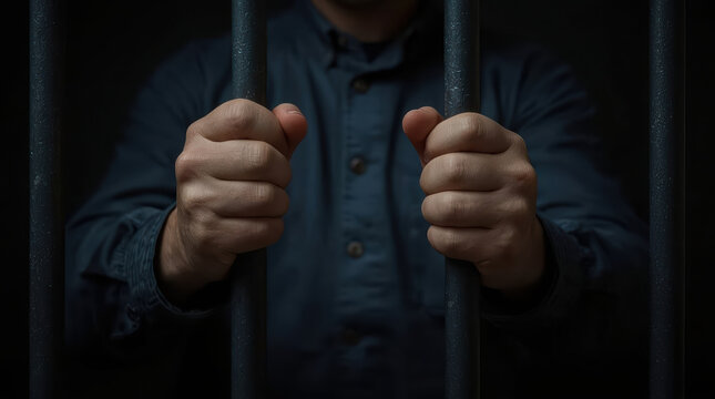 Hands gripping metal prison bars in darkness evoke confinement and isolation