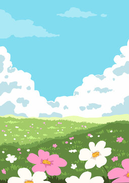 Cute cartoon landscape background with a green meadow, pink and white wildflowers, fluffy clouds, and a bright blue sky. Perfect for games, illustrations, and wallpapers.