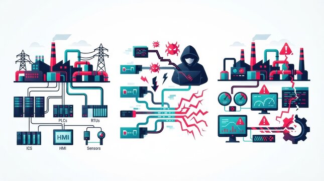 Illustration shows a hacker attacking industrial network systems with various devices and threats. Protection measures are depicted.