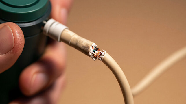 Cable Repair: A hand carefully repairs a damaged electrical cable with solder and heat shrink tubing, emphasizing electronic maintenance and technical fixes.