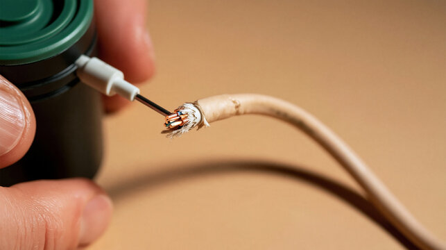 Wiring and Connection: A hand uses a wire stripper on a cable, revealing insulated wires and metal contacts, showcasing electrical repair or modification.