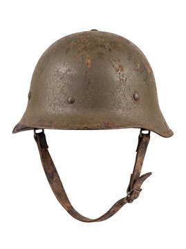 Military helmet with leather strap on transparent background