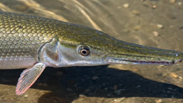 Alligator gar fish in shallow water.