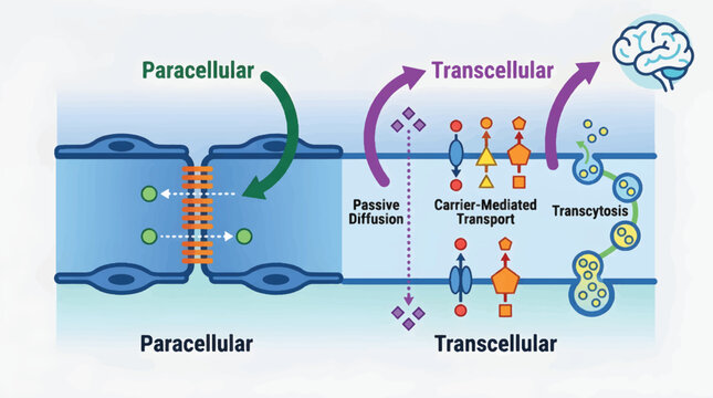 Diagram illustrating paracellular and transcellular transport across a cell membrane.