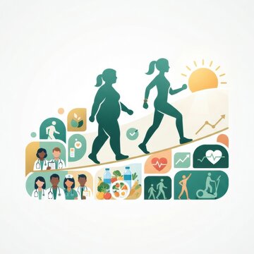 People walking toward a healthier lifestyle, showcasing diet, exercise, and healthcare support in a bright scene.