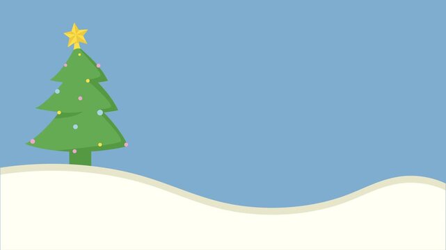 Cartoon animation christmas greeting card with snow and christmas tree. Winter holiday background.