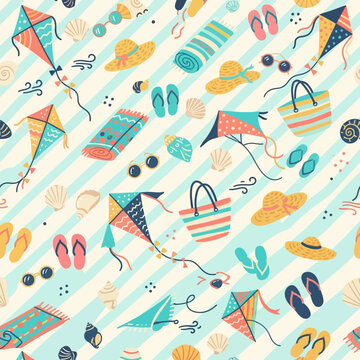 Seamless summer beach pattern with kites hats and shells