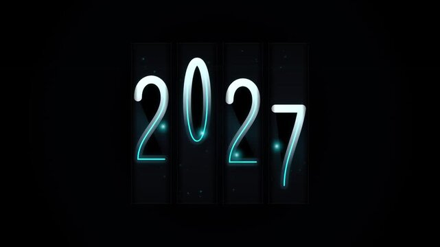 Year 2027 glowing text animates in perspective against dark background with subtle motion blur
