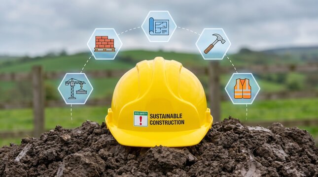 Bright yellow safety hard hat rests on dark rich soil featuring sustainable construction text and floating digital icons