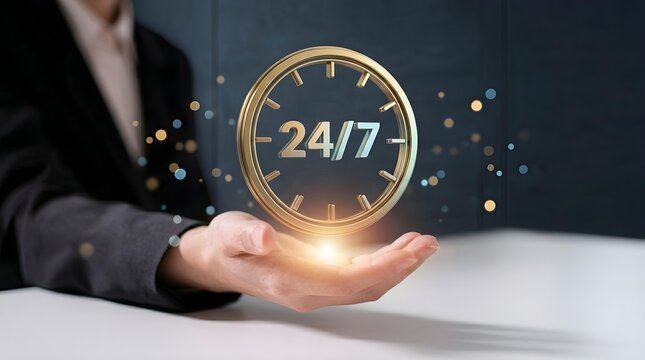Businesswoman holding glowing golden twenty four seven support clock icon hovering above her open palm for digital commerce assistance