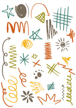 Hand drawn abstract doodle element vector collection, featuring cute scribbles, stars, arrows, lines, sun, and crayon symbols set, perfect for playful creative design and pattern backdrop