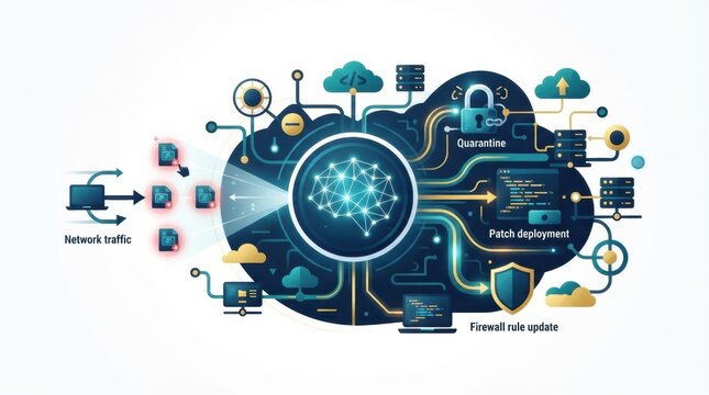Cybersecurity systems manage network traffic, applying quarantine, deploying patches, and updating firewalls to protect data.
