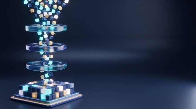 Glowing blue and gold data cubes falling through glass rings onto a platform, big data processing and filtering pipeline concept with copy space on dark background