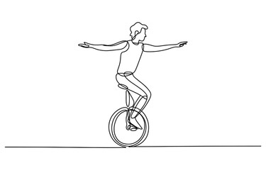 Continuous single line drawing of a man riding a unicycle with arms outstretched for balance Vector, illustration © Jagonnath