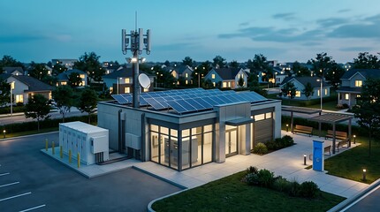 Obraz premium Modern municipal utility and solar-powered facility building at dusk, featuring rooftop solar panels, a communication tower, surrounding parking, and a suburban residential backdrop.