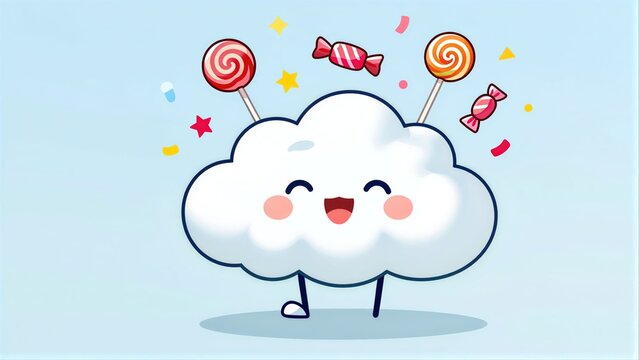 Cute cloud with candy lollipops and wrappers floating around, smiling joyfully.