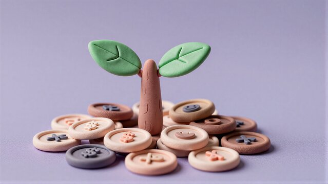 A clay tree grows from buttons, symbolizing growth through small financial steps.