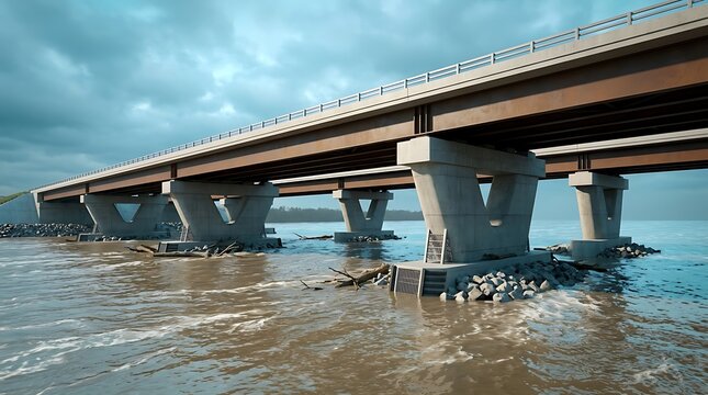 Low-angle view of a multi-lane highway bridge supported by sturdy concrete piers standing in a wide, fast-flowing muddy river under a cloudy, overcast sky.