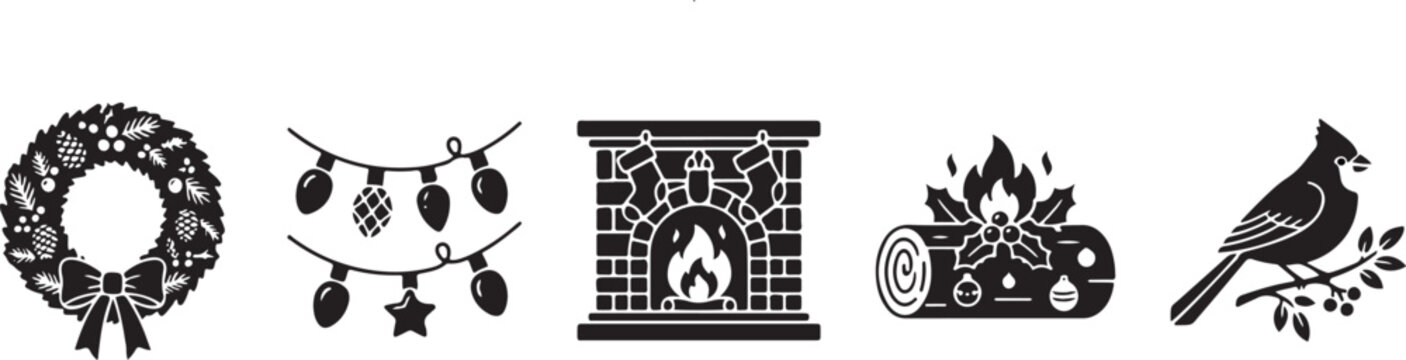 Christmas silhouette icons with wreath, ornaments, fireplace, Yule log, and bird