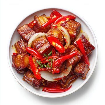 Bhutanese festival phaksha paa pork with red chili peppers  isolated on a white background