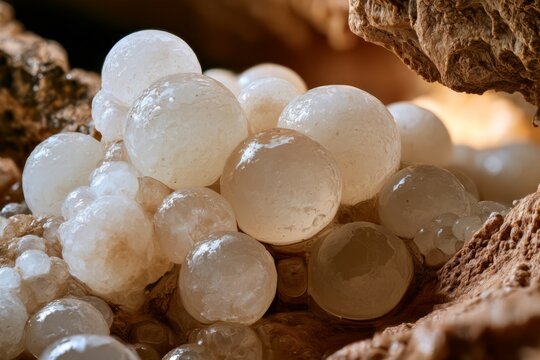 Spherical calcite cave pearls clustered in rock