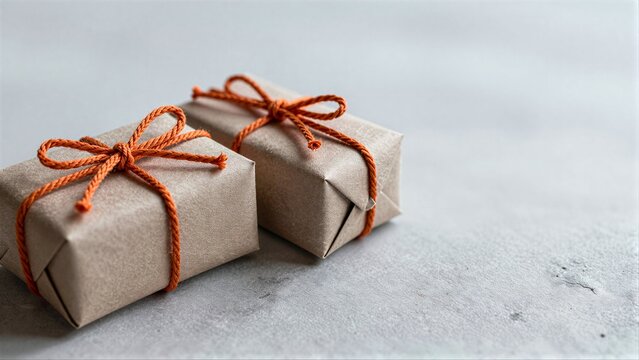 Two wrapped gifts tied with orange string on a gray surface.