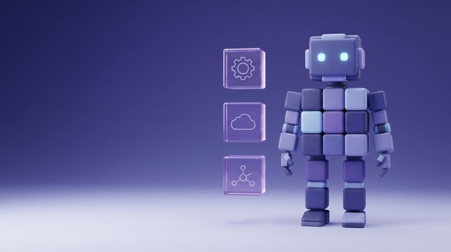 Cute blocky purple robot made of soft cubes standing beside glass cubes with gear, cloud and network icons on purple gradient background with copy space